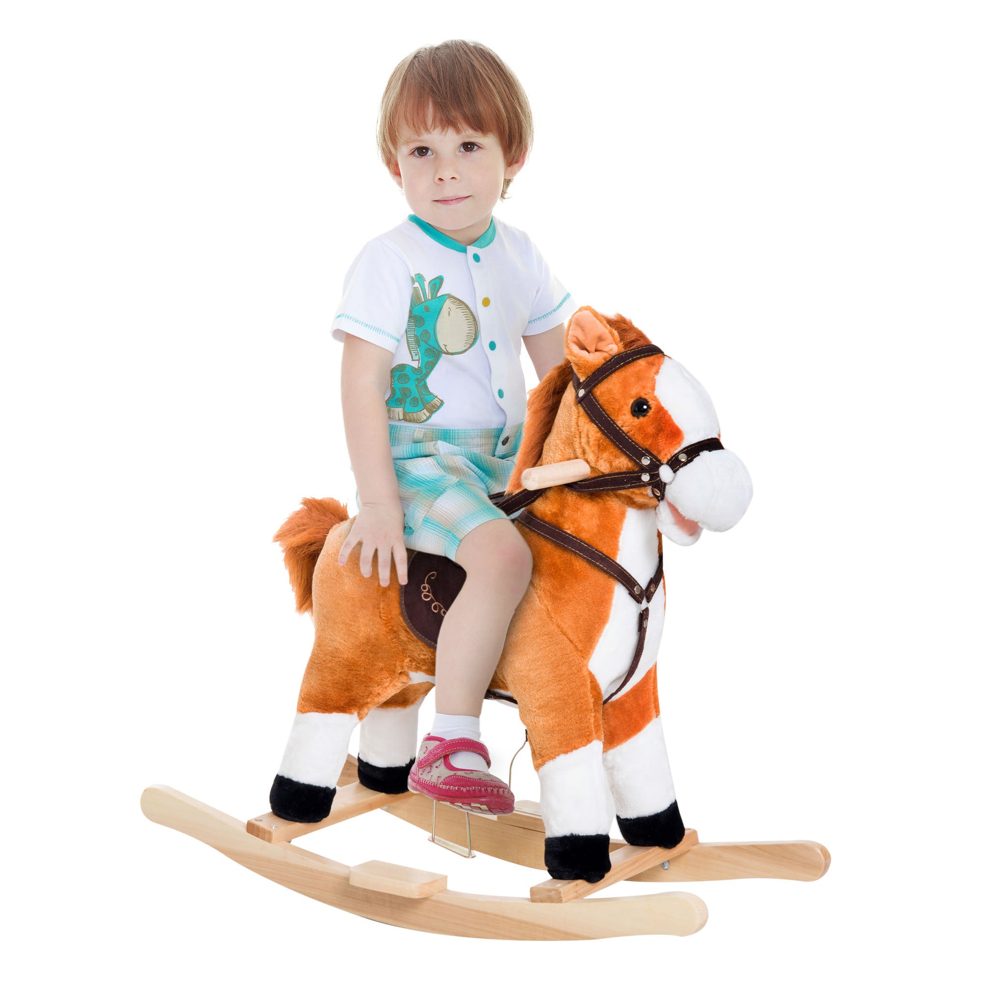 Kids Plush Toy Rocking Horse Ride On With Realistic Sounds Brown Brown Wood