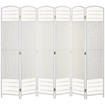 6 Panel Room Divider, Folding Privacy Screen, 5.6' Room Separator, Wave Fiber Freestanding Partition Wall Divider For Rooms, Home, Office, White White Bamboo