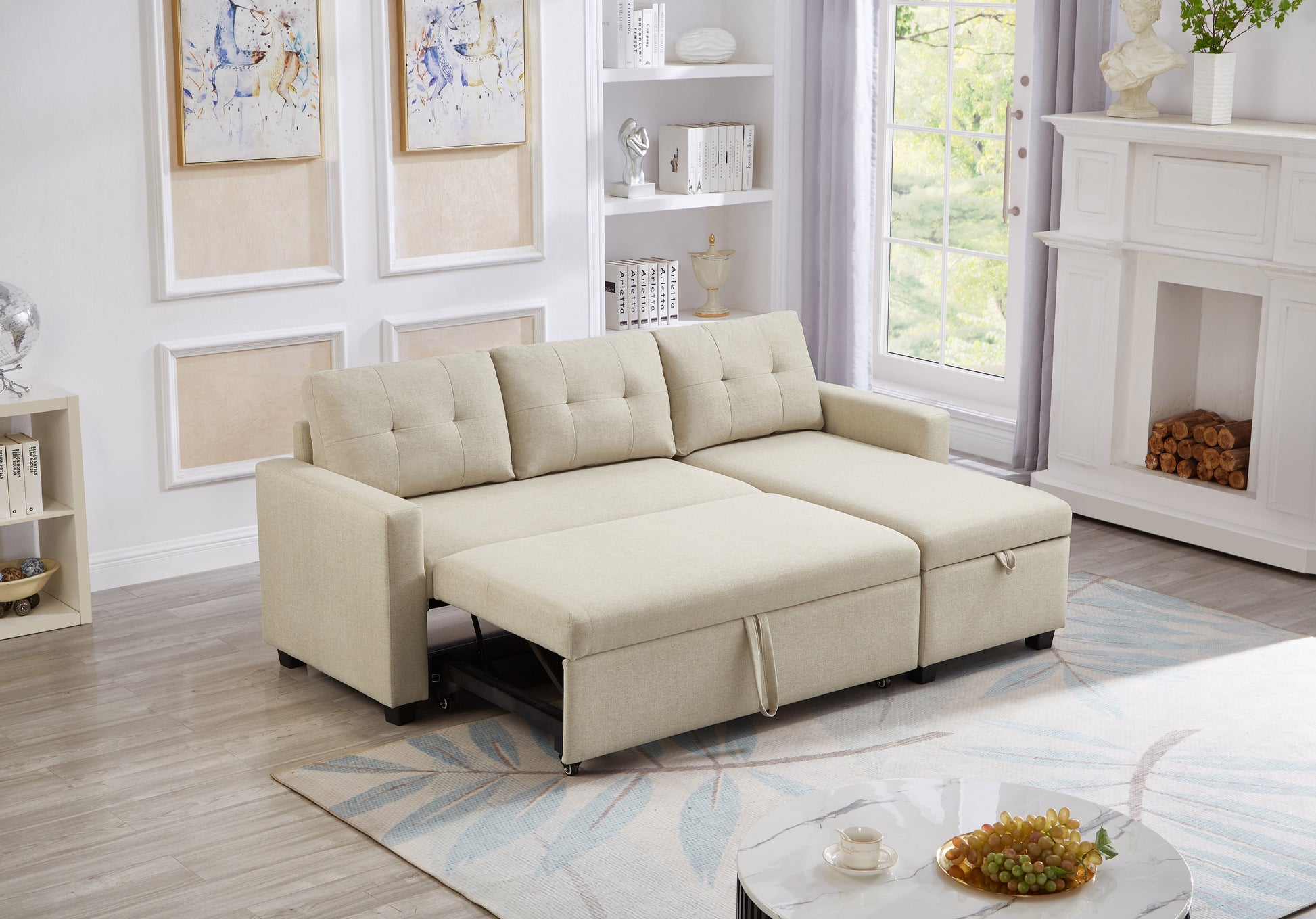 Upholstered Pull Out Sectional Sofa With Storage Chaise, Convertible Corner Couch, Beige Beige Wood Medium Soft Pillow Back Modern Square Arms Linen 3 Seat