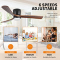 42 Inch Black Wood Ceiling Fans With Lights And Remote, Modern Flush Mount Low Profile Ceiling Fan With Light, 6 Speed, Reversible Dc Motor, For Bedroom Outdoor Farmhouse Patios Black Wood Metal