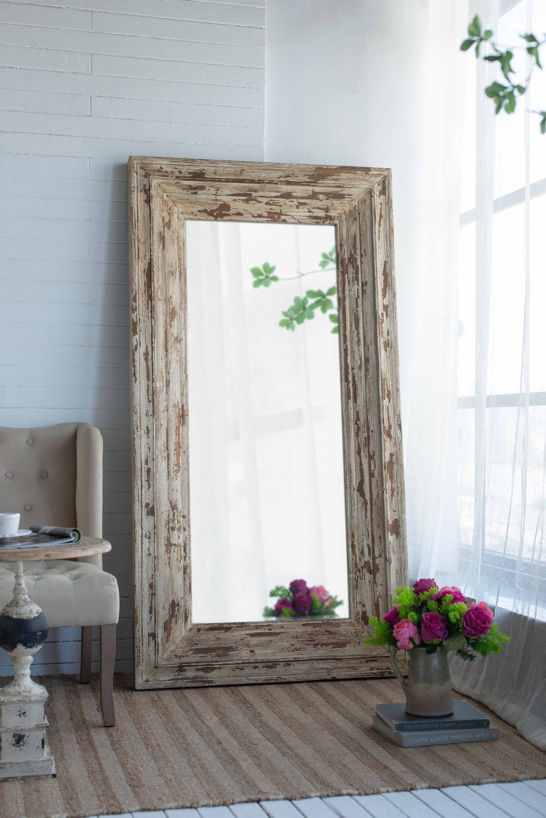 39X3.5X75" Full Length Rectangle Floor Mirror With Distressed Wood Frame Brown Wood