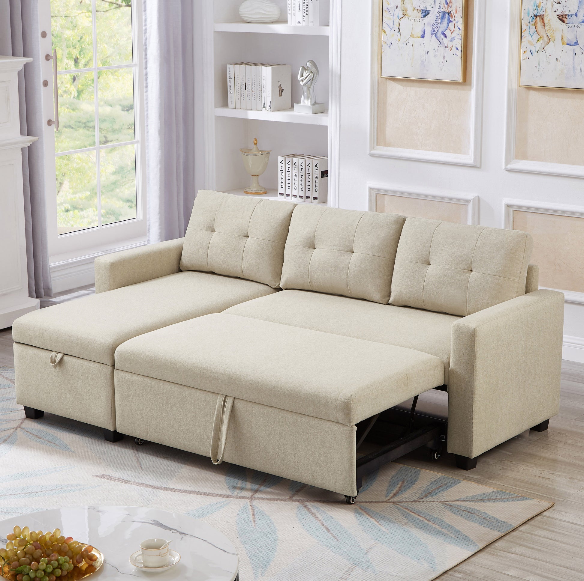 Upholstered Pull Out Sectional Sofa With Storage Chaise, Convertible Corner Couch, Beige Beige Wood Medium Soft Pillow Back Modern Square Arms Linen 3 Seat