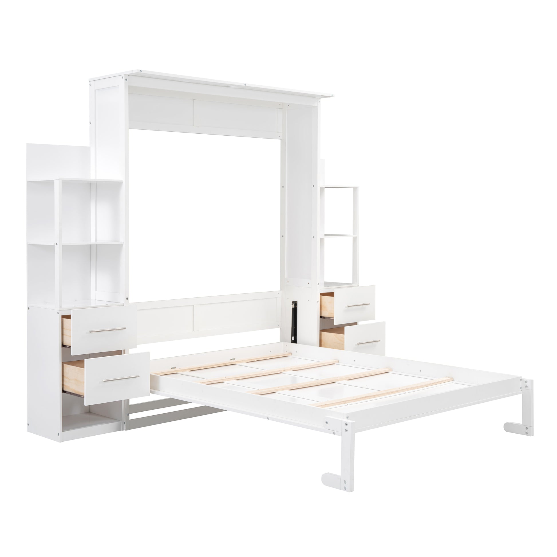 Queen Size Murphy Bed Wall Bed With Shelves, Drawers And Led Lights,White Queen White Mdf Lvl