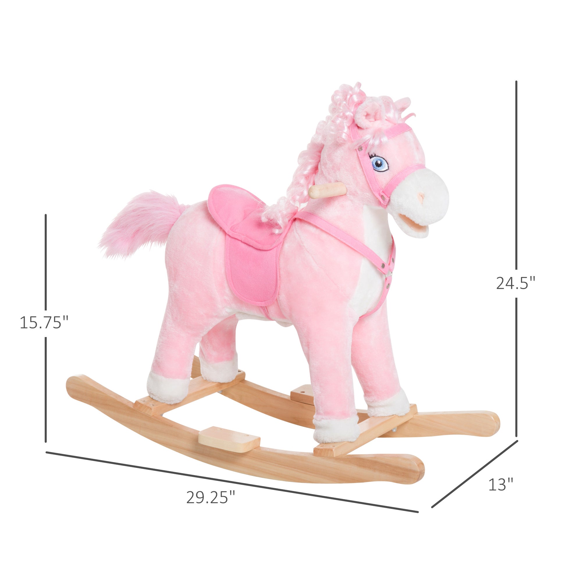 Kids Ride On Rocking Horse Toddler Plush Toy With Realistic Sounds And Swinging Tail For 3 Years Old Children Pink Wood