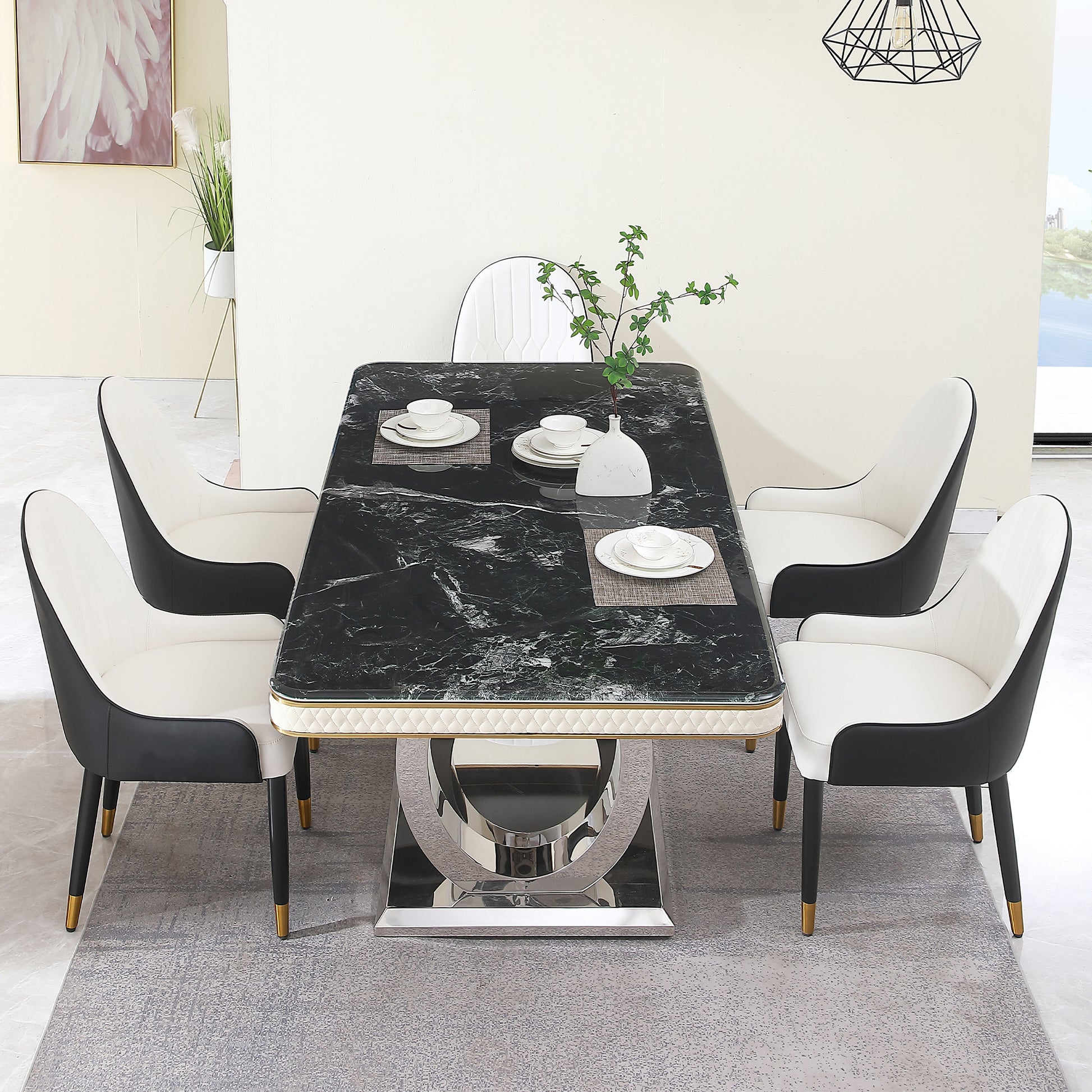 Luxury Modern Dining Table 78.7Inch Black Dining Table With 6 Chairs Faux Marble Dining Table Top With Titanium Plated Dual Circle Base With 6Pcs Chairs . Black Seats 6 Dining Room American Design Square Kitchen & Dining Tables Glossy Rectangular