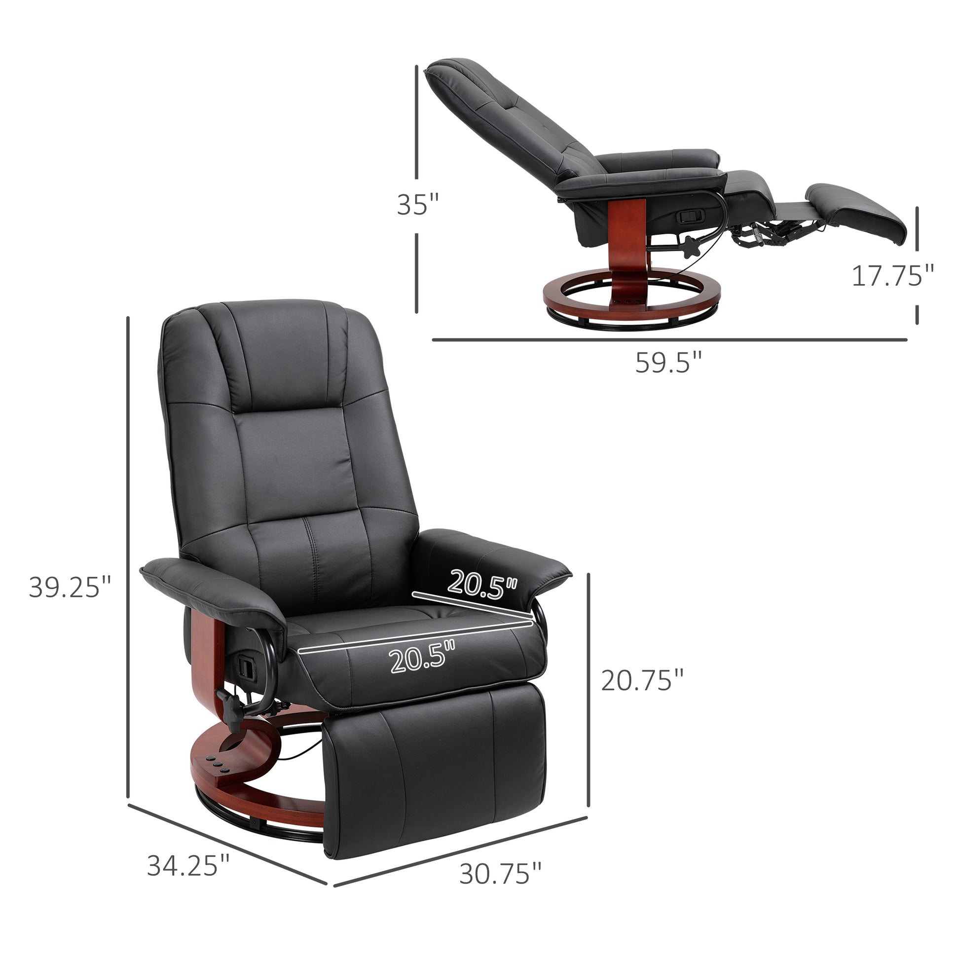 Faux Leather Manual Recliner, Adjustable Swivel Lounge Chair With Footrest, Armrest And Wrapped Wood Base For Living Room, Black Black Pu Leather