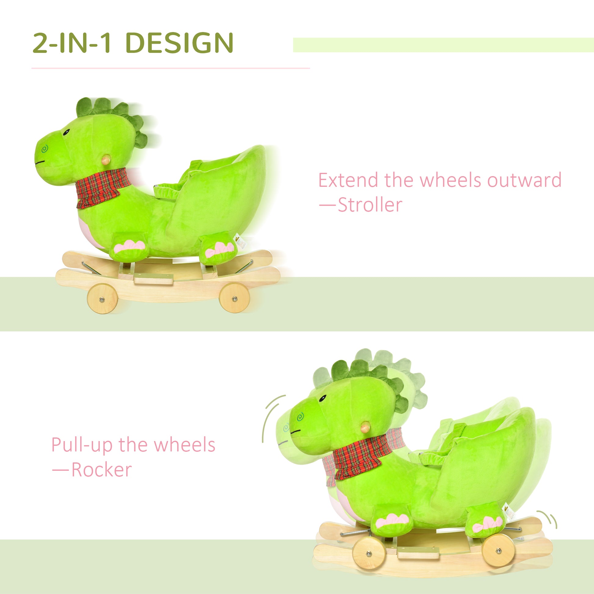 Baby Rocking Horse Kids Interactive 2 In 1 Plush Ride On Toys Stroller Rocking Dinosaur With Wheels And Nursery Song Green Wood