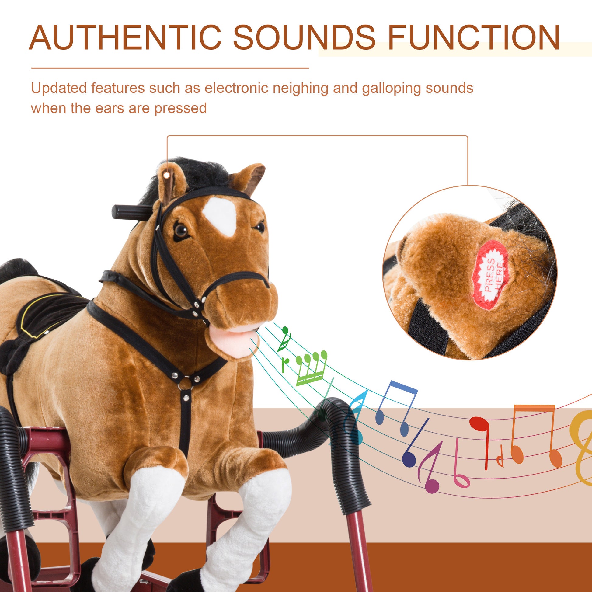 Durable Plush Toddlers Spring Rocking Horse, Bouncing Rocker Toy With Realistic Sounds Brown Wood