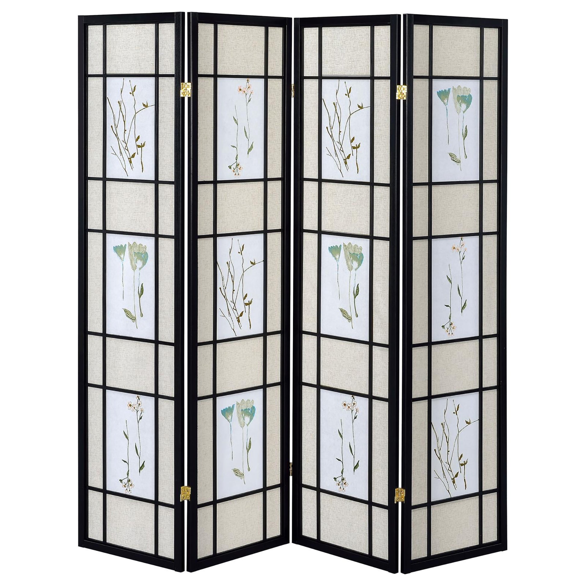 Floral And Black 4 Panel Folding Screen With Floral Motif Black Traditional Wood