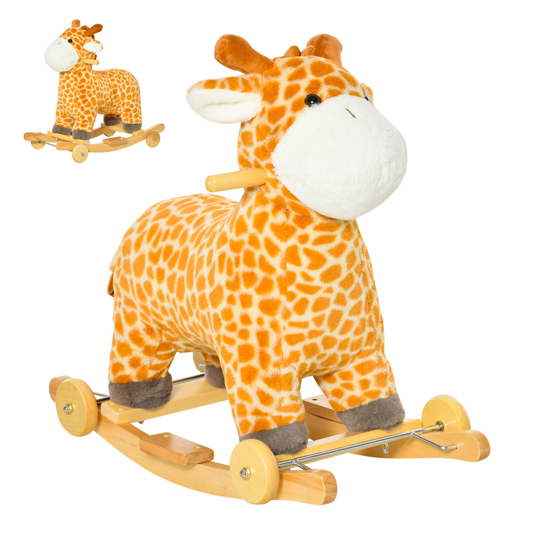 2 In 1 Kids Plush Ride On Rocking Horse Toy, Giraffe Shaped Plush Rocker With Realistic Sounds For Children 3 To 6 Years, Yellow Yellow Wood