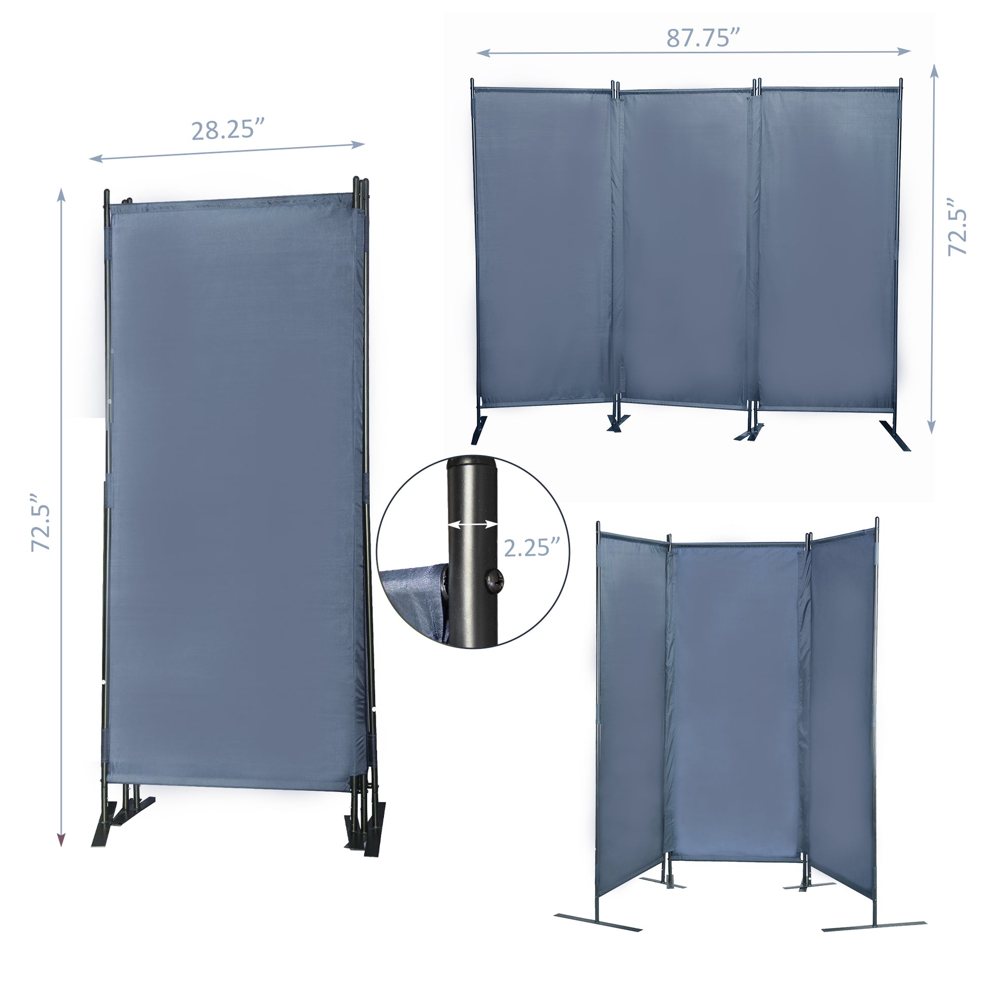 6 Ft Modern Room Divider, 3 Panel Folding Privacy Screen W Metal Standing, Portable Wall Partition, Gray Gray Metal