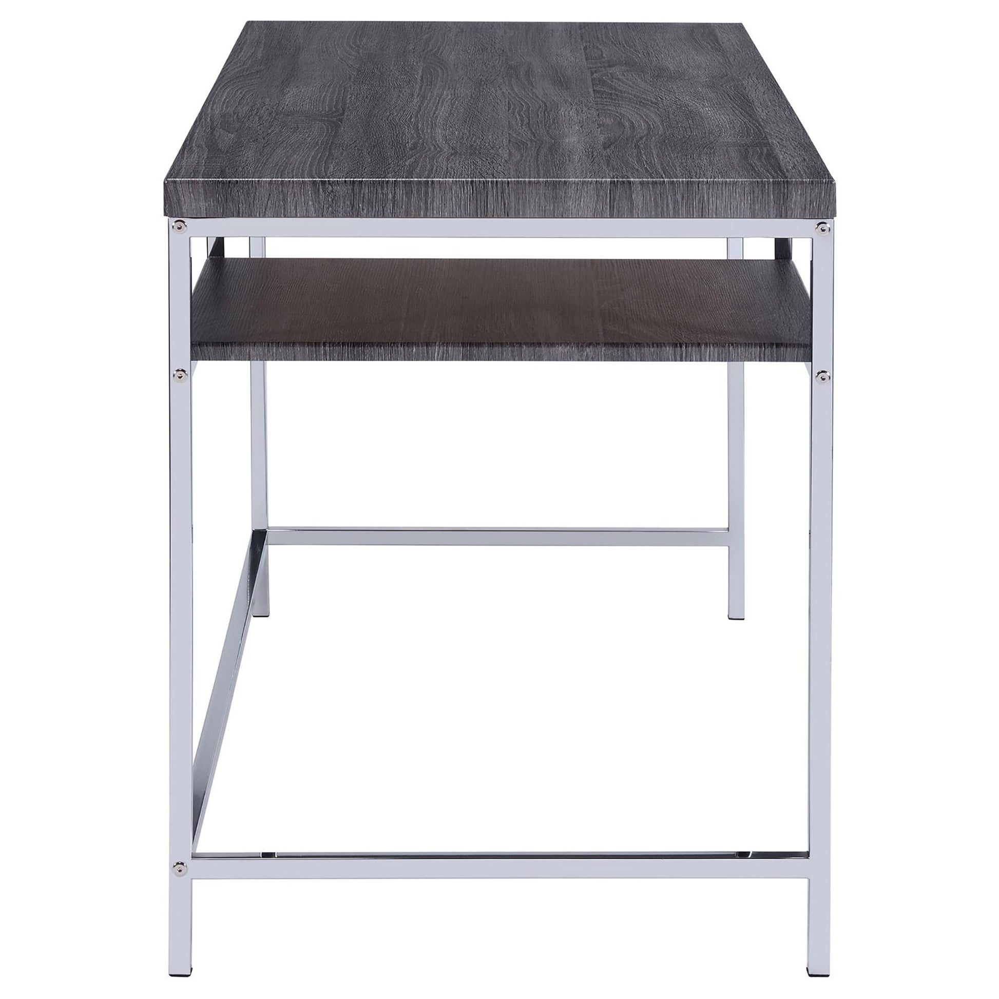 Weathered Grey And Chrome Rectangular Writing Desk Grey Gray Writting Desk Office Contemporary,Modern Tabeltop Rectangular Open Storage Desk Polished Metal Parsons