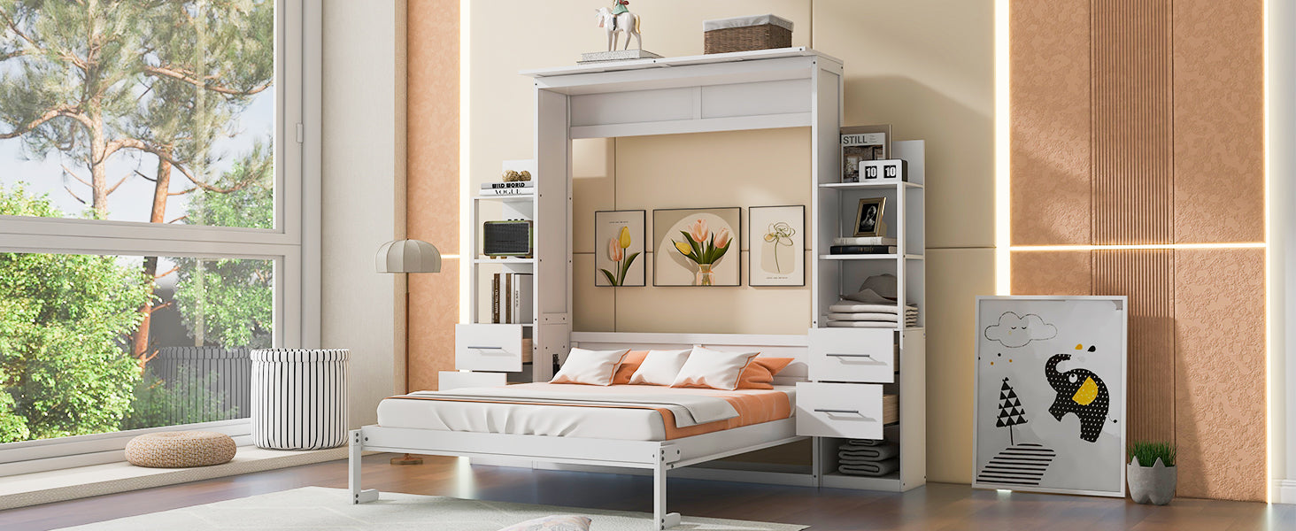 Queen Size Murphy Bed Wall Bed With Shelves, Drawers And Led Lights,White Queen White Mdf Lvl