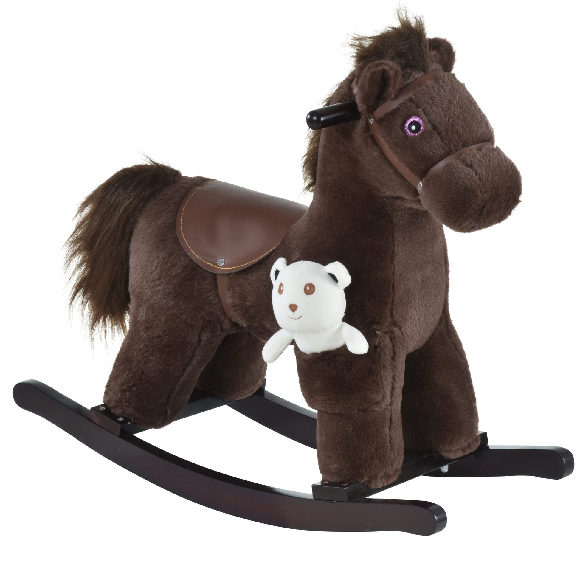 Kids Plush Ride On Rocking Horse With Bear Toy, Children Chair With Soft Plush Toy & Fun Realistic Sounds, Brown Brown Wood