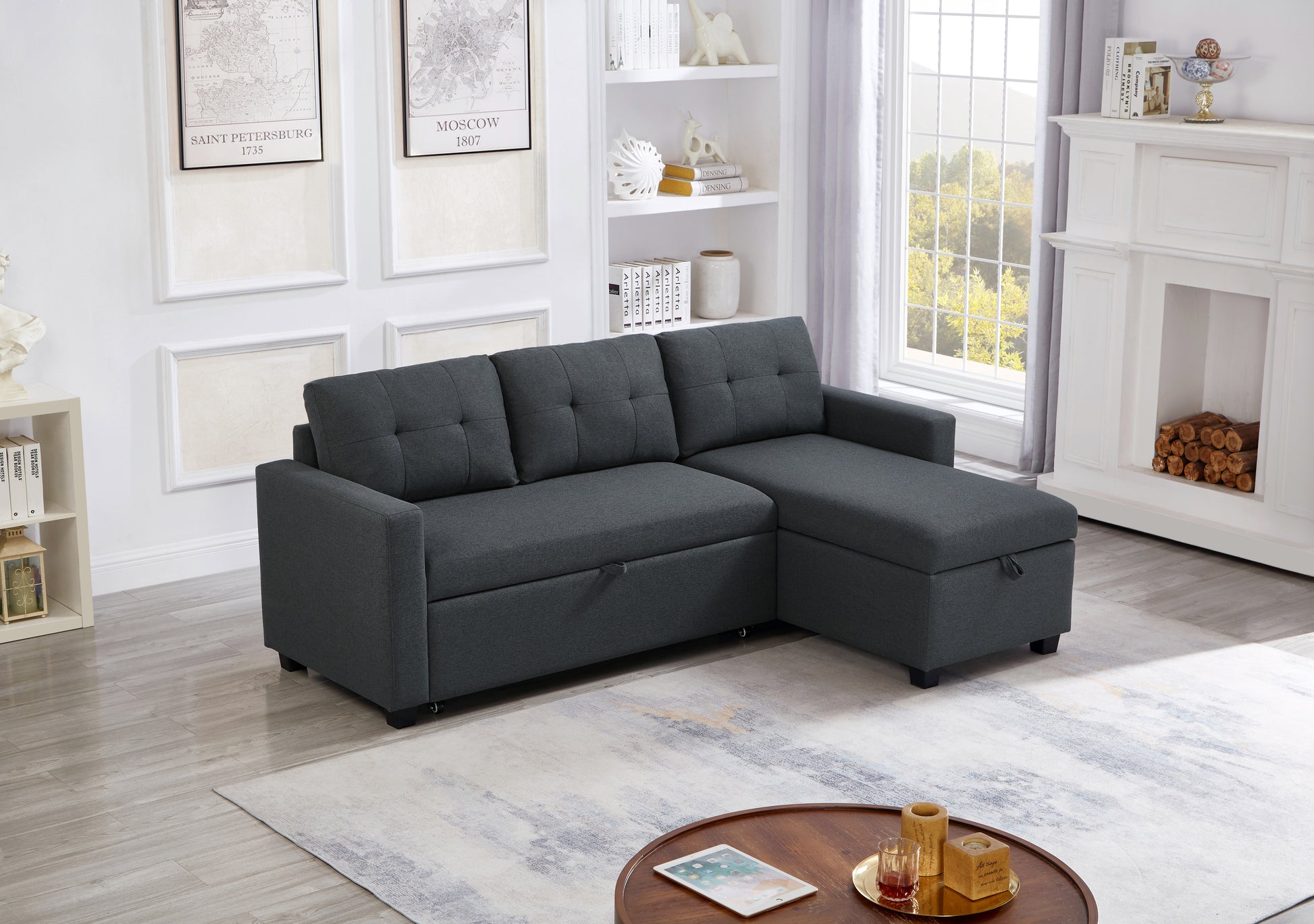 Upholstered Pull Out Sectional Sofa With Storage Chaise, Convertible Corner Couch, Dark Grey Dark Grey Wood Medium Soft Pillow Back Modern Square Arms Linen 3 Seat