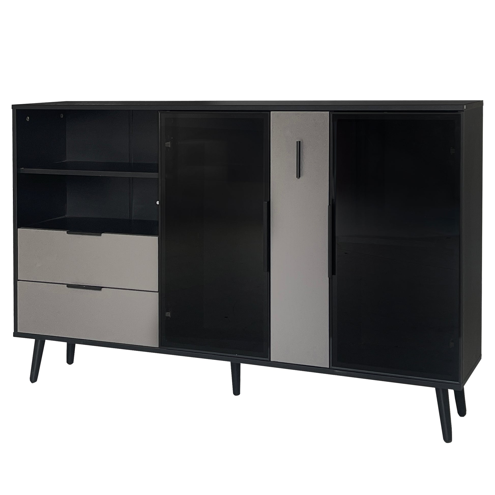 Featured Two Door Storage Cabinet With Two Drawers And Metal Handles, Suitable For Corridors, Entrances, Living Rooms. Black Gray Mdf