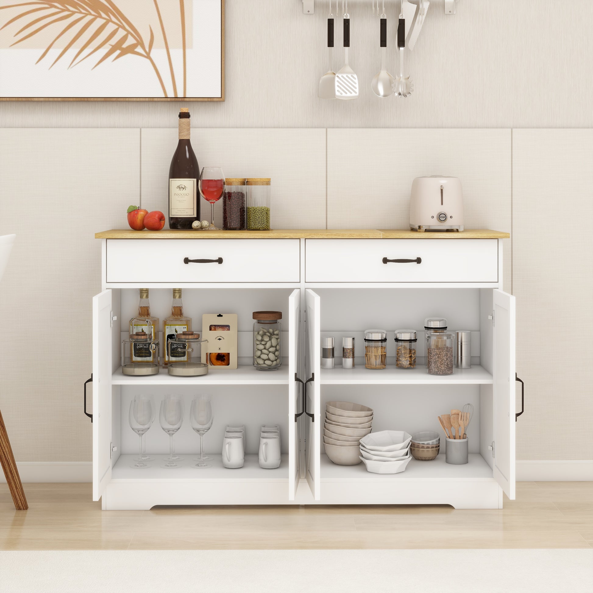47.95" Farmhouse Buffet Cabinet Storage Sideboard With 2 Drawers And 4 Doors For Dining Living Room Kitchen Cupboard White White Mdf
