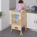 Wooden Kitchen Step Stool For Kids, Foldable Toddler Tower, Helper Stool For Kitchen Counter With Support Handles Safety Rail, Natural Wood Natural Mdf