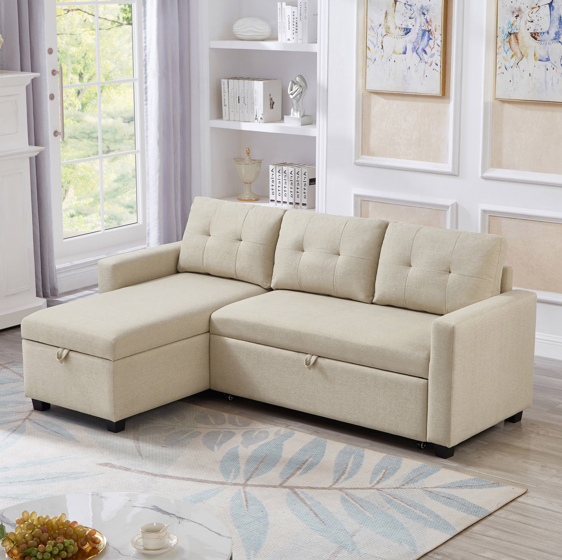 Upholstered Pull Out Sectional Sofa With Storage Chaise, Convertible Corner Couch, Beige Beige Wood Medium Soft Pillow Back Modern Square Arms Linen 3 Seat