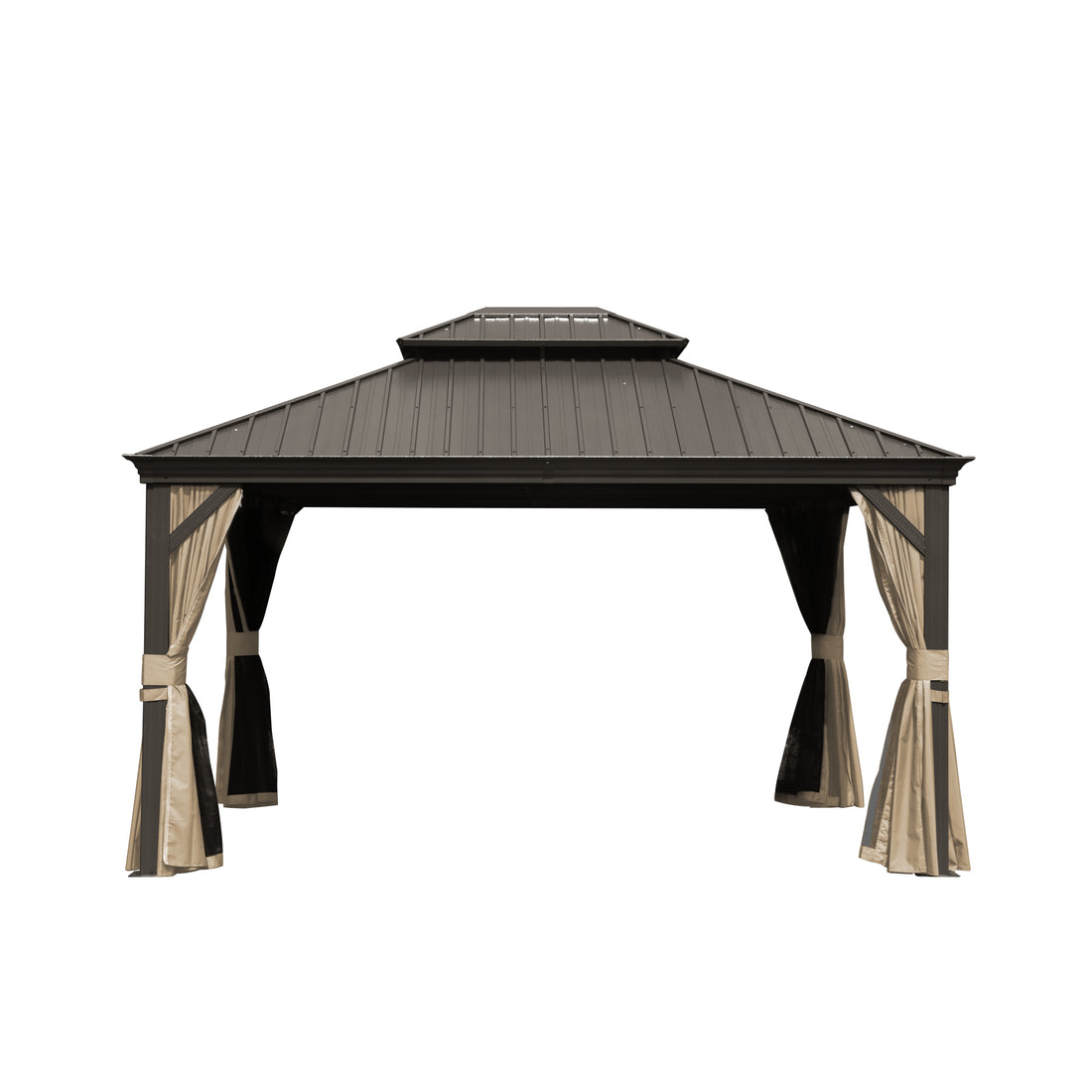 Hardtop Gazebo Outdoor Aluminum Gazebos Grill With Galvanized Steel Double Canopy For Patios Deck Backyard,Curtains&Netting Brown Aluminium