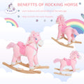 Kids Ride On Rocking Horse Toddler Plush Toy With Realistic Sounds And Swinging Tail For 3 Years Old Children Pink Wood