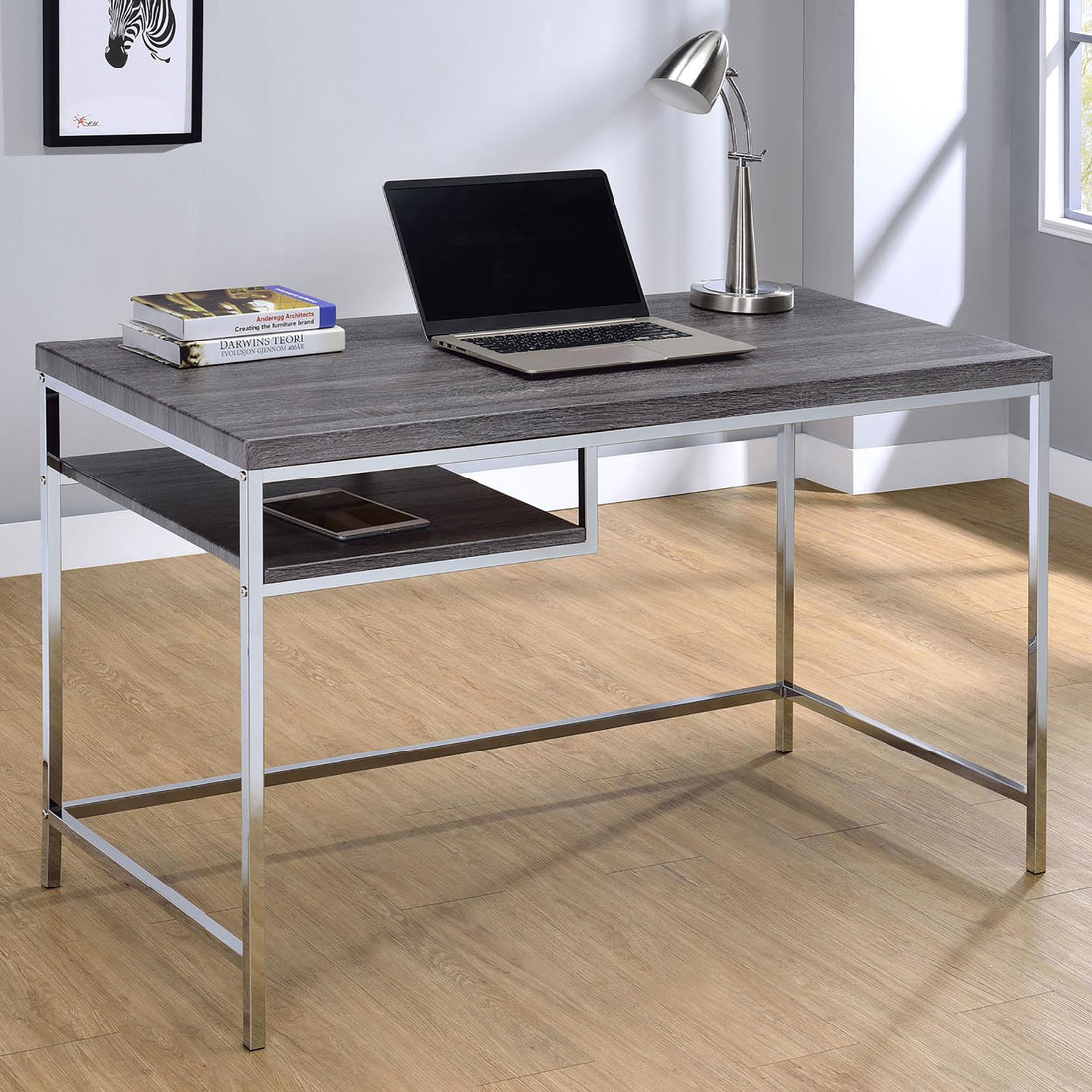 Weathered Grey And Chrome Rectangular Writing Desk Grey Gray Writting Desk Office Contemporary,Modern Tabeltop Rectangular Open Storage Desk Polished Metal Parsons