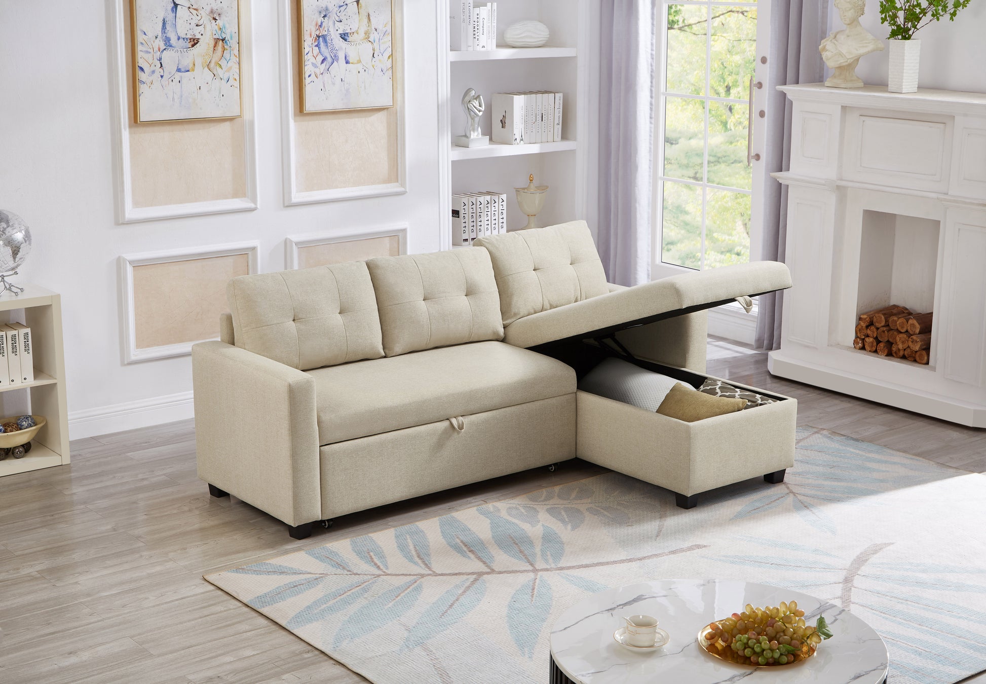 Upholstered Pull Out Sectional Sofa With Storage Chaise, Convertible Corner Couch, Beige Beige Wood Medium Soft Pillow Back Modern Square Arms Linen 3 Seat