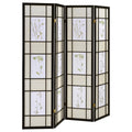 Floral And Black 4 Panel Folding Screen With Floral Motif Black Traditional Wood