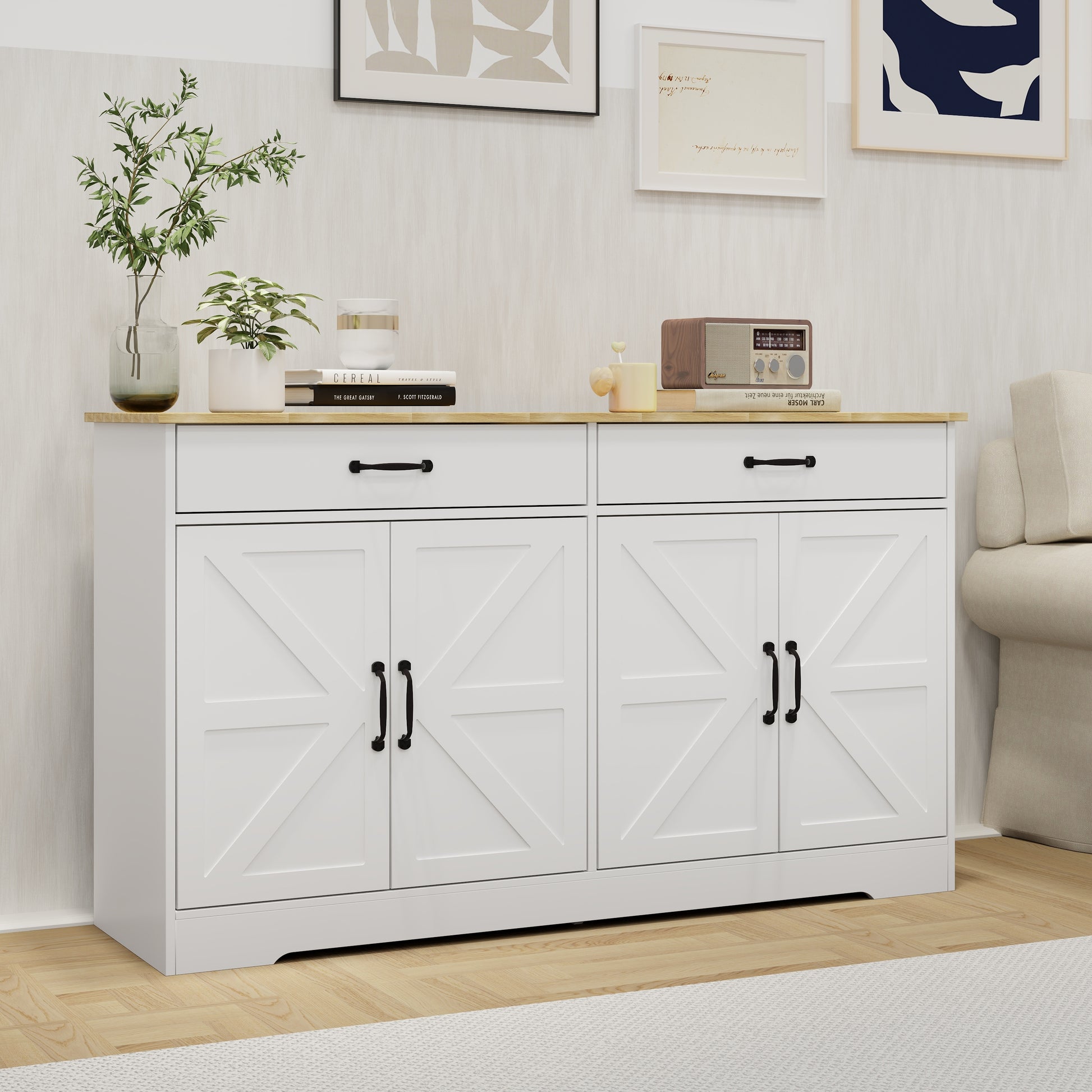 55.91" Large Farmhouse Buffet Cabinet Storage Sideboard With 2 Drawers And 4 Doors For Dining Living Room Kitchen Cupboard White White Mdf