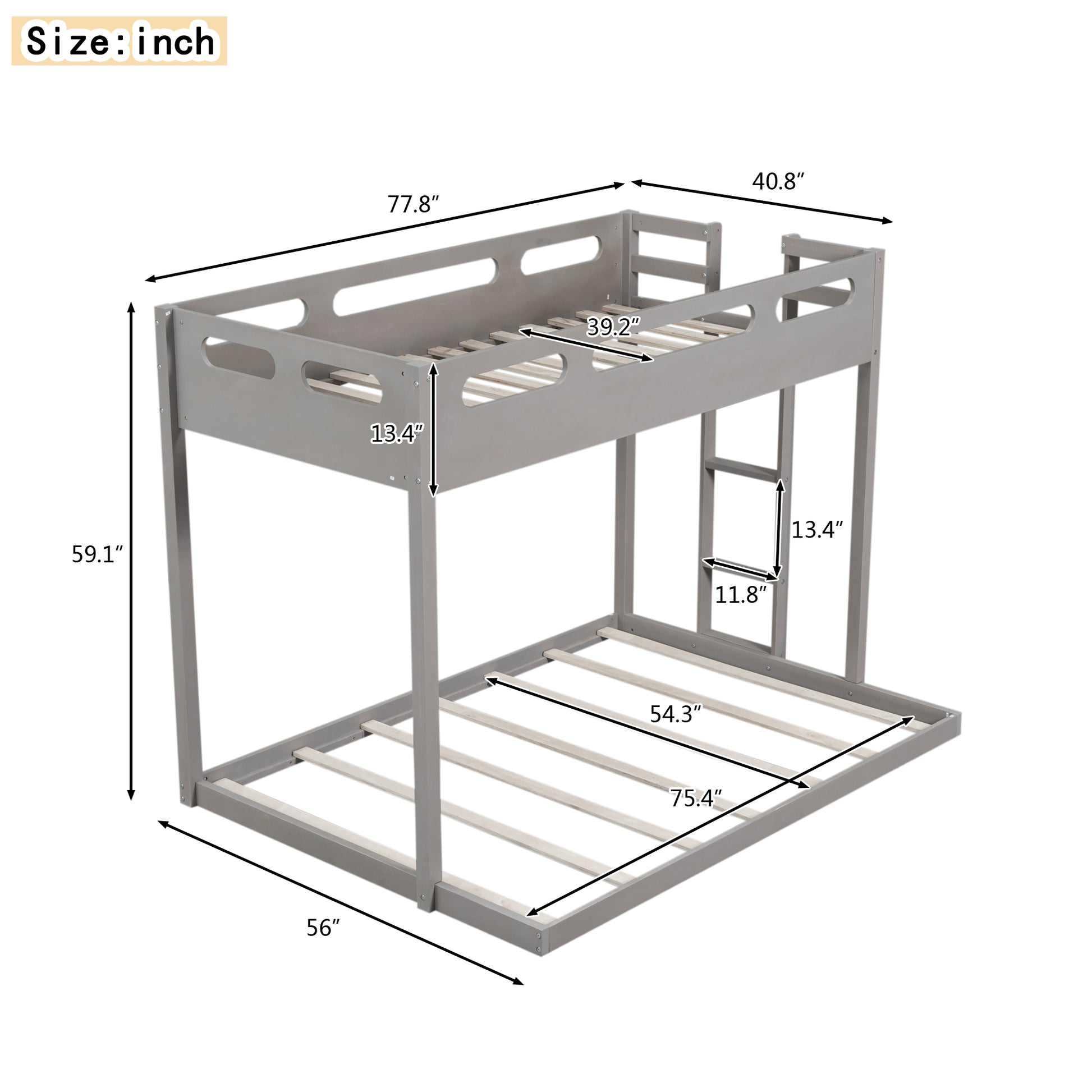 Twin Over Full Bunk Bed With Built In Ladder,Gray Gray Solid Wood Mdf