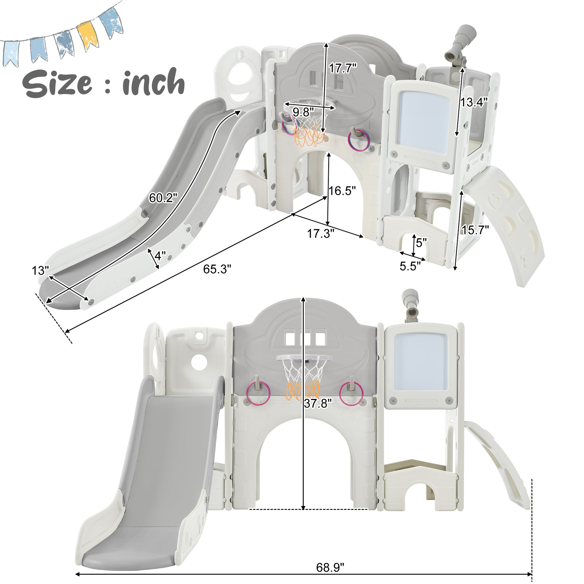 Kids Slide Playset Structure 9 In 1, Freestanding Space Set With Slide, Arch Tunnel, Ring Toss, Drawing Whiteboardl And Basketball Hoop For Toddlers, Kids Climbers Playground Grey White Hdpe