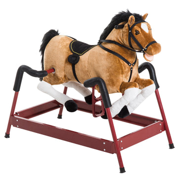 Durable Plush Toddlers Spring Rocking Horse, Bouncing Rocker Toy With Realistic Sounds Brown Wood