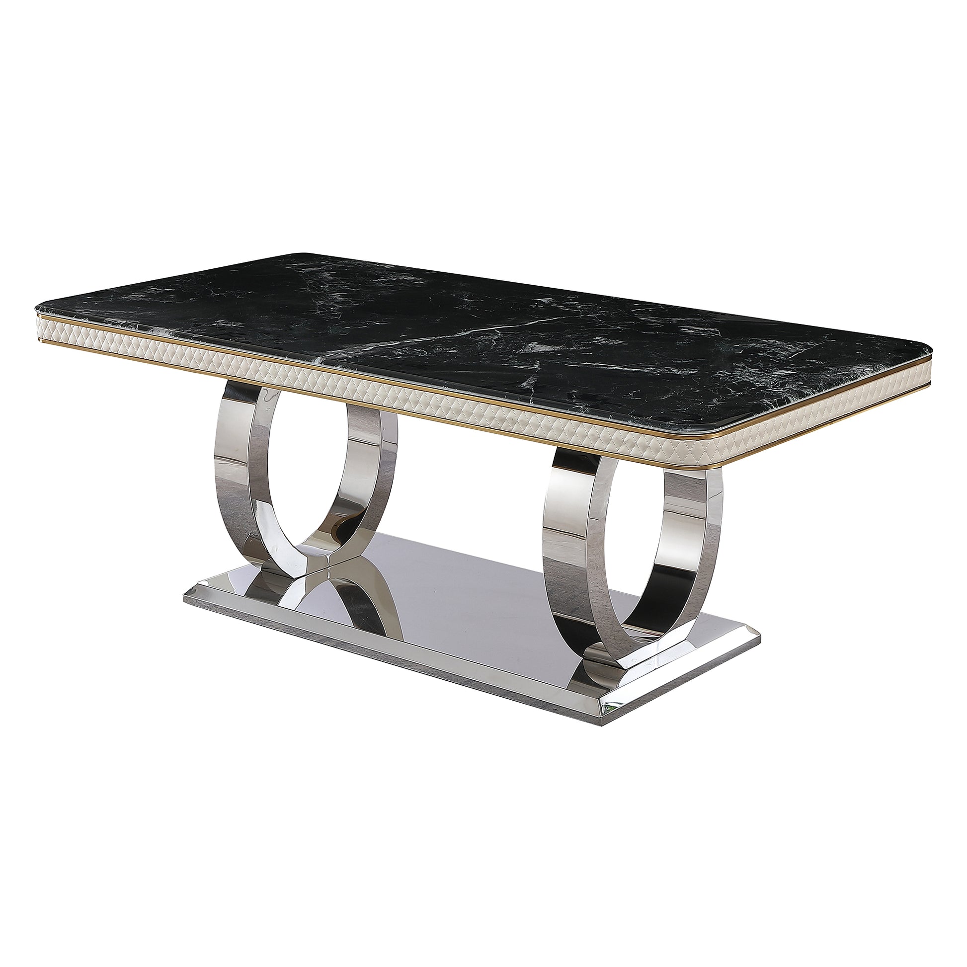 Luxury Modern Dining Table 78.7Inch Black Dining Table With 8 Chairs Faux Marble Dining Table Top With Titanium Plated Dual Circle Base With 8Pcs Chairs . Black Artificial Marble