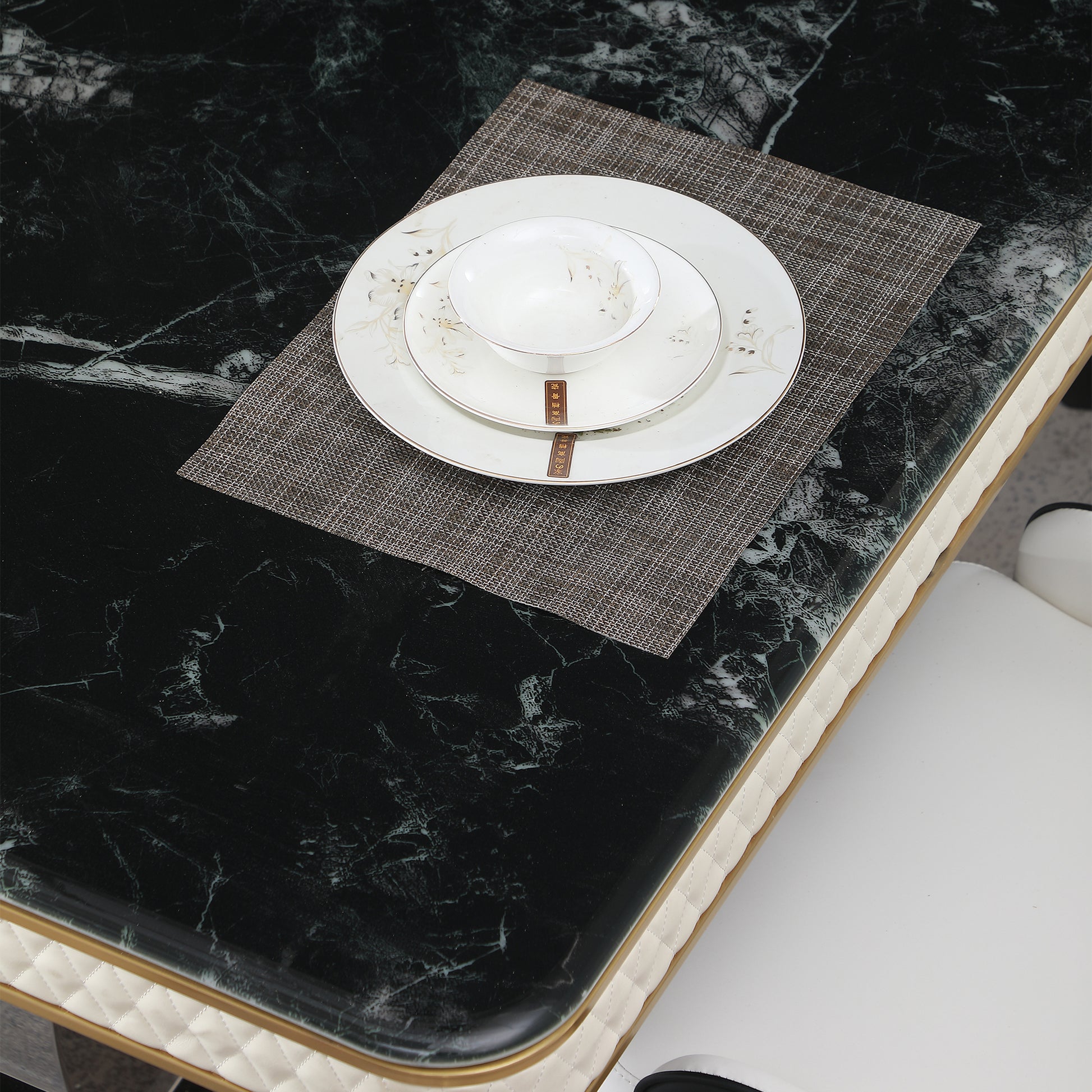 Luxury Modern Dining Table 78.7Inch Black Dining Table With 6 Chairs Faux Marble Dining Table Top With Titanium Plated Dual Circle Base With 6Pcs Chairs . Black Seats 6 Dining Room American Design Square Kitchen & Dining Tables Glossy Rectangular