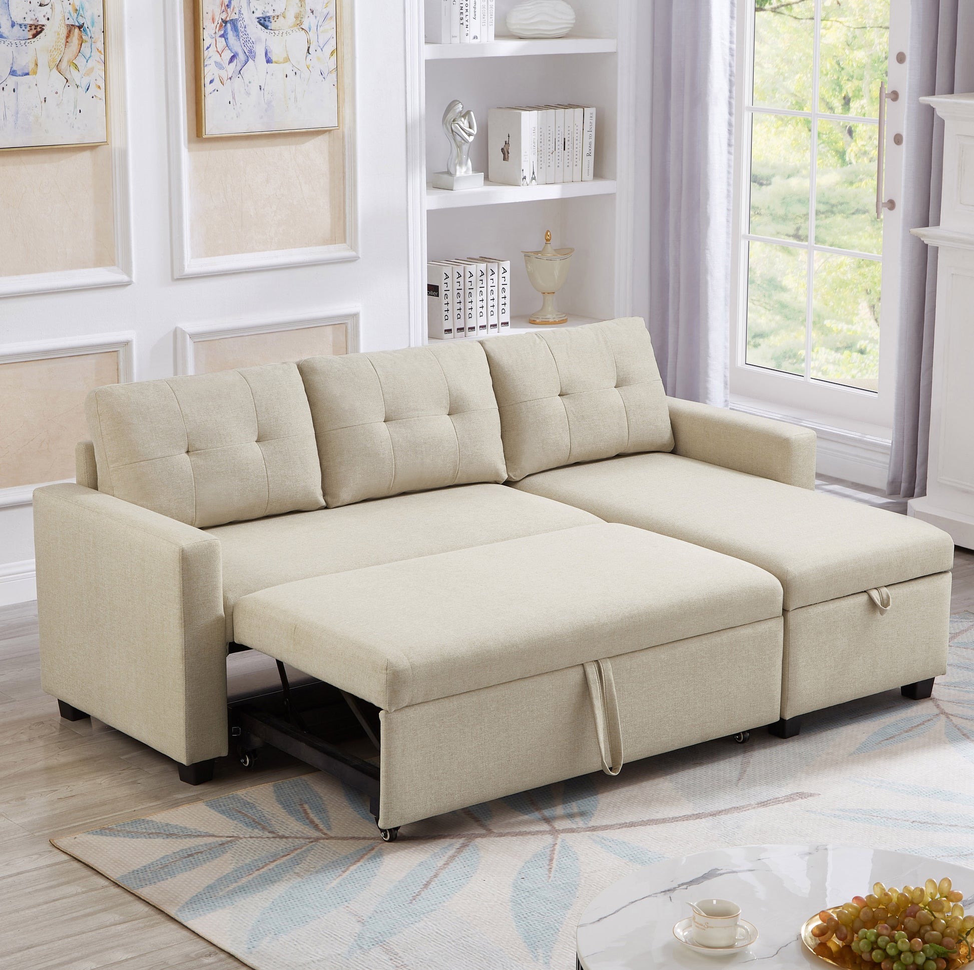 Upholstered Pull Out Sectional Sofa With Storage Chaise, Convertible Corner Couch, Beige Beige Wood Medium Soft Pillow Back Modern Square Arms Linen 3 Seat