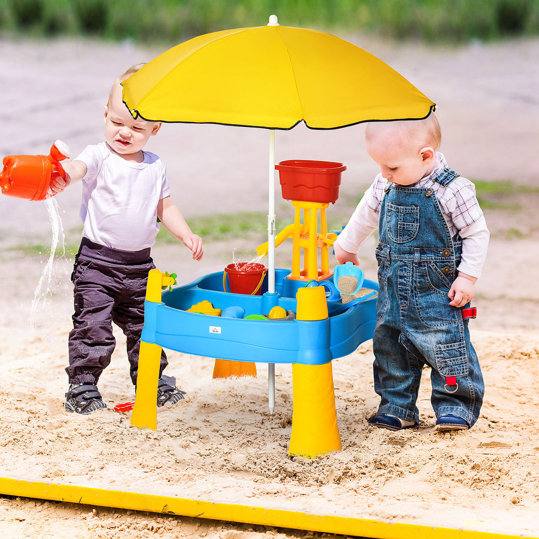 2 In 1 Covered Sandbox Table With Umbrella For Outdoors And Indoors, 25 Piece Sand And Water Table For Toddlers, Little Kids Toys Multicolor Polypropylene