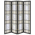 Floral And Black 4 Panel Folding Screen With Floral Motif Black Traditional Wood