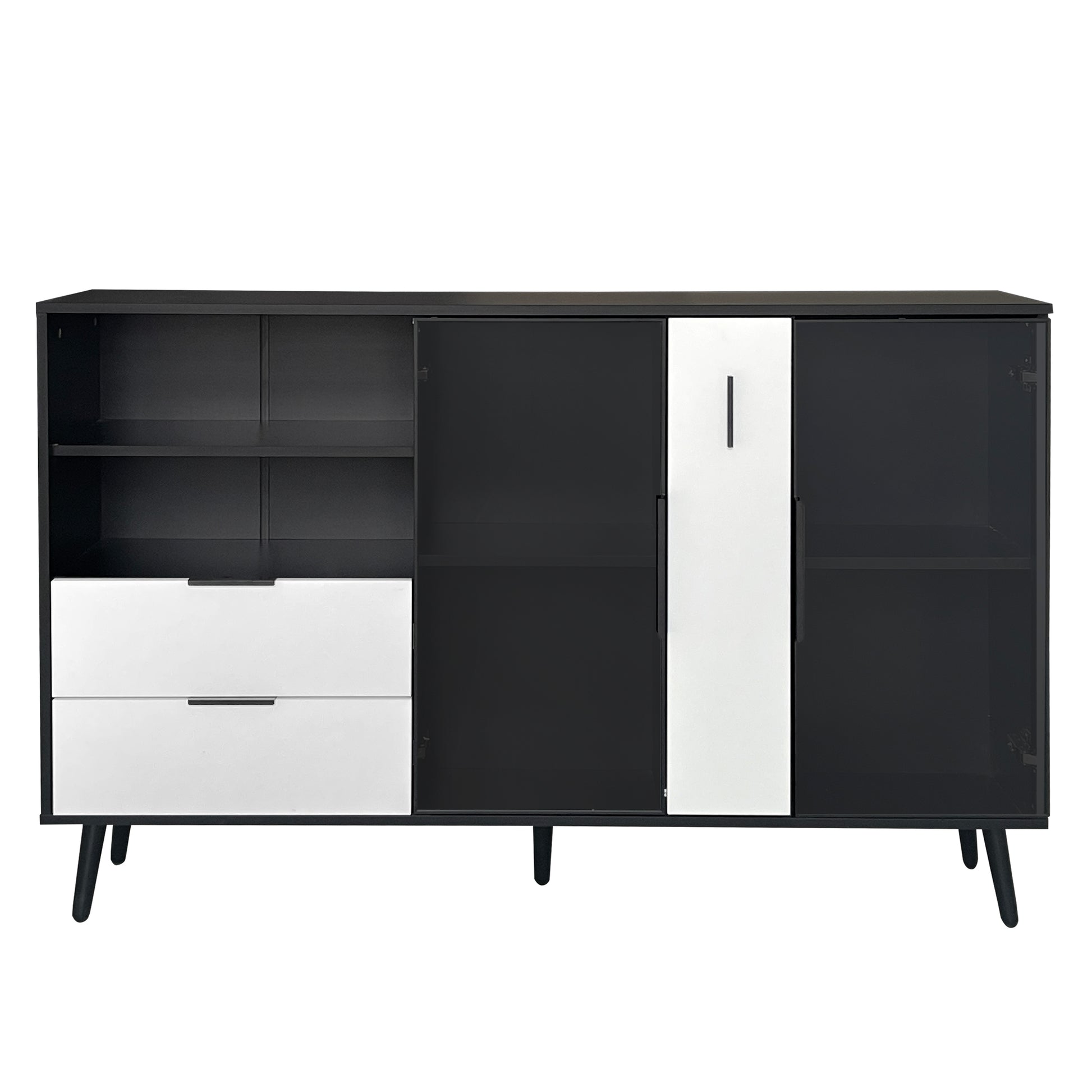 Featured Two Door Storage Cabinet With Two Drawers And Metal Handles, Suitable For Corridors, Entrances, Living Rooms. Black White Mdf