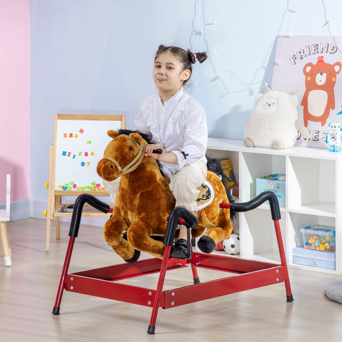 Kids Spring Rocking Horse, Ride On Horse For Girls And Boys With Animal Sounds, Plush Horse Ride On With Soft Feel, Interactive Toy For Kids Brown Wood