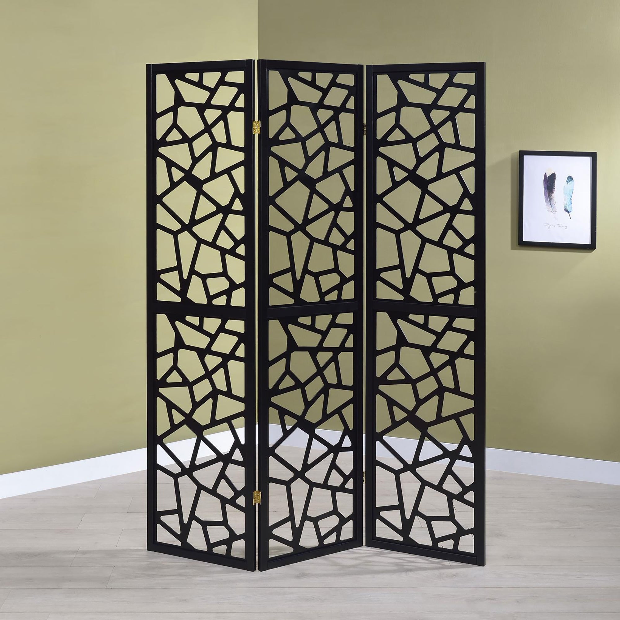 Black 3 Panel Folding Screen Black Traditional Wood