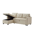 Upholstered Pull Out Sectional Sofa With Storage Chaise, Convertible Corner Couch, Beige Beige Wood Medium Soft Pillow Back Modern Square Arms Linen 3 Seat