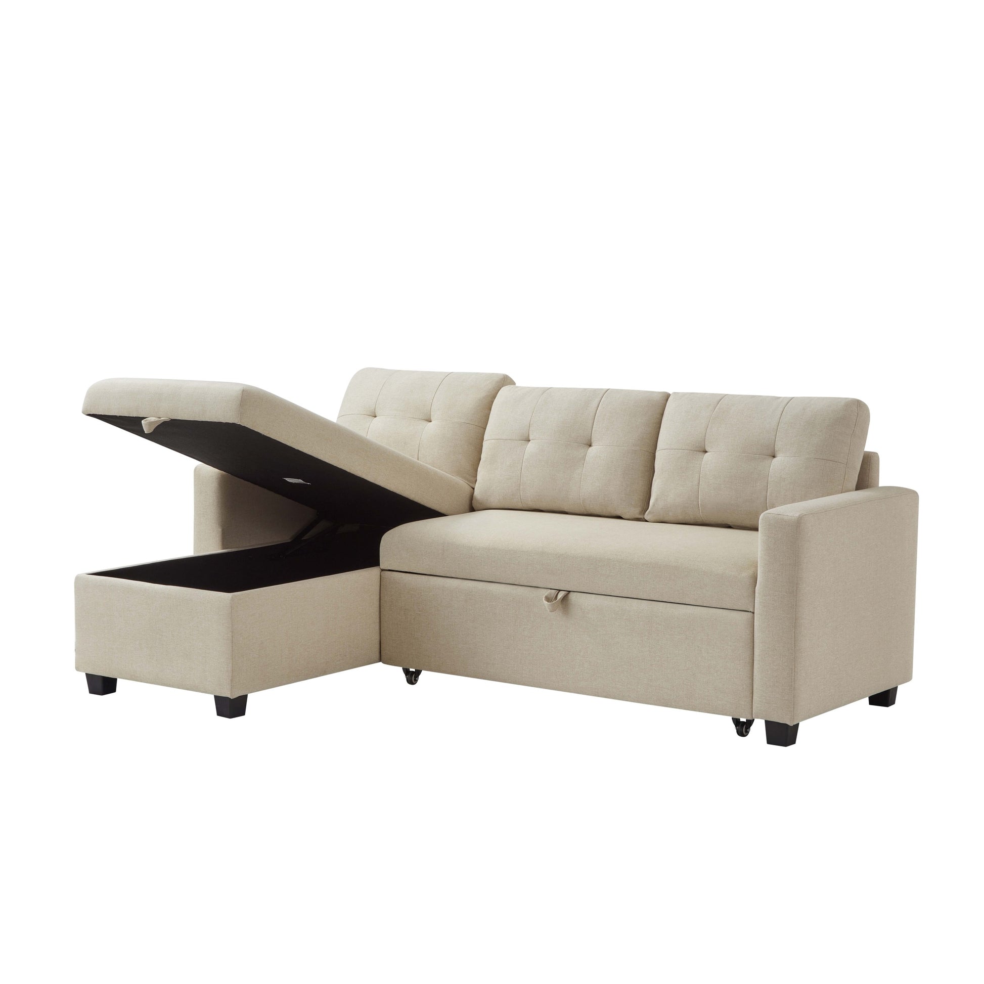Upholstered Pull Out Sectional Sofa With Storage Chaise, Convertible Corner Couch, Beige Beige Wood Medium Soft Pillow Back Modern Square Arms Linen 3 Seat