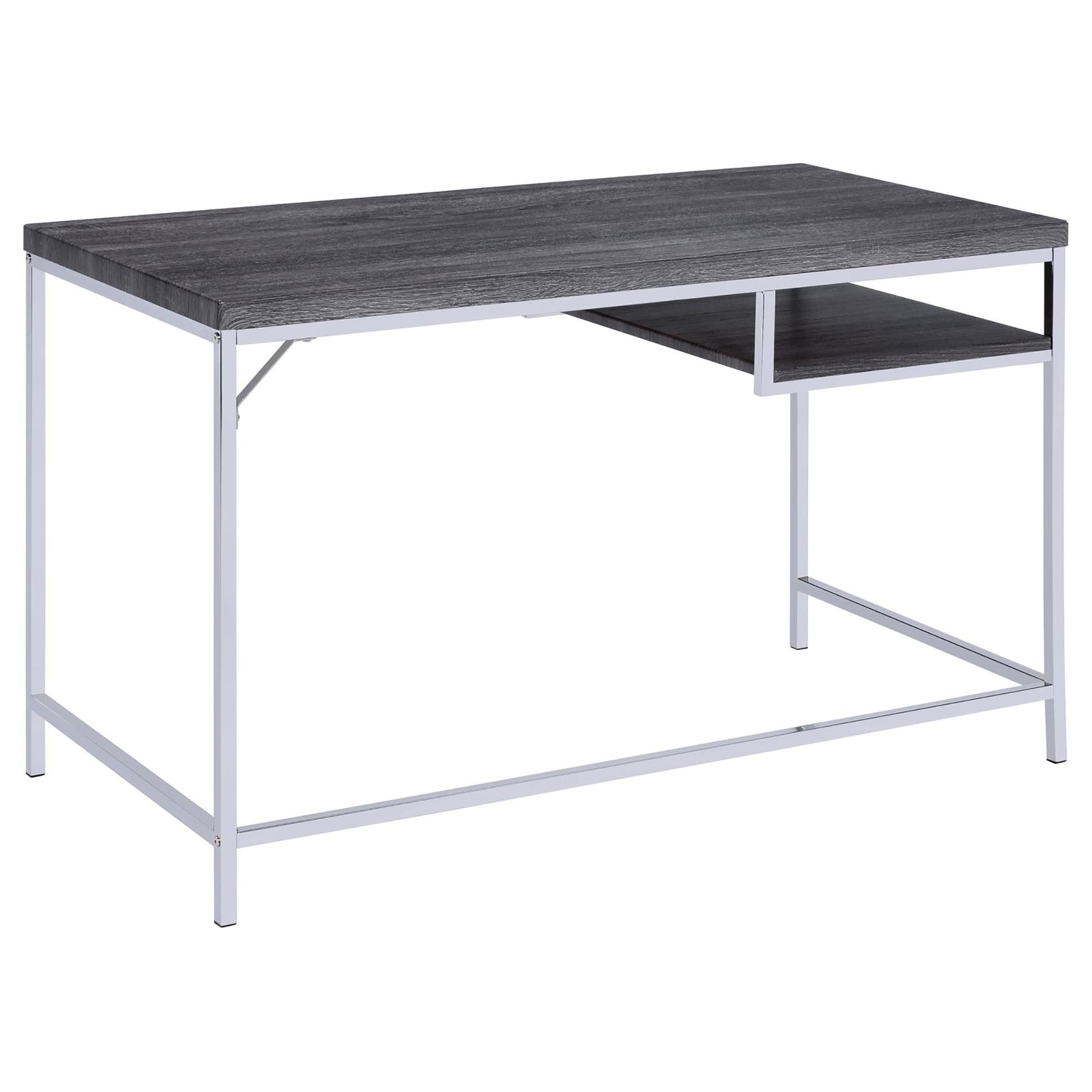 Weathered Grey And Chrome Rectangular Writing Desk Grey Gray Writting Desk Office Contemporary,Modern Tabeltop Rectangular Open Storage Desk Polished Metal Parsons