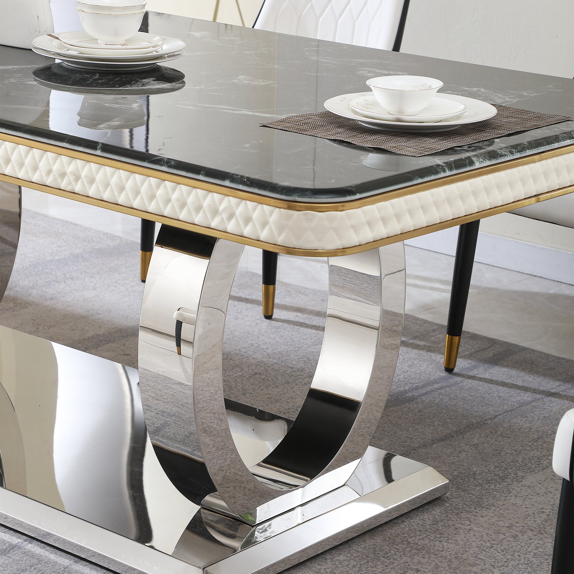 Luxury Modern Dining Table 78.7Inch Black Dining Table With 6 Chairs Faux Marble Dining Table Top With Titanium Plated Dual Circle Base With 6Pcs Chairs . Black Seats 6 Dining Room American Design Square Kitchen & Dining Tables Glossy Rectangular