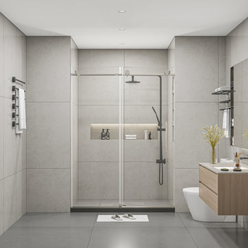 Frameless Shower Doors 60" Width X 76"Height With 3 8" 10Mm Clear Tempered Glass, Brushed Nicel Finish Brushed Nickel Bathroom American Design Stainless Steel Tempered Glass