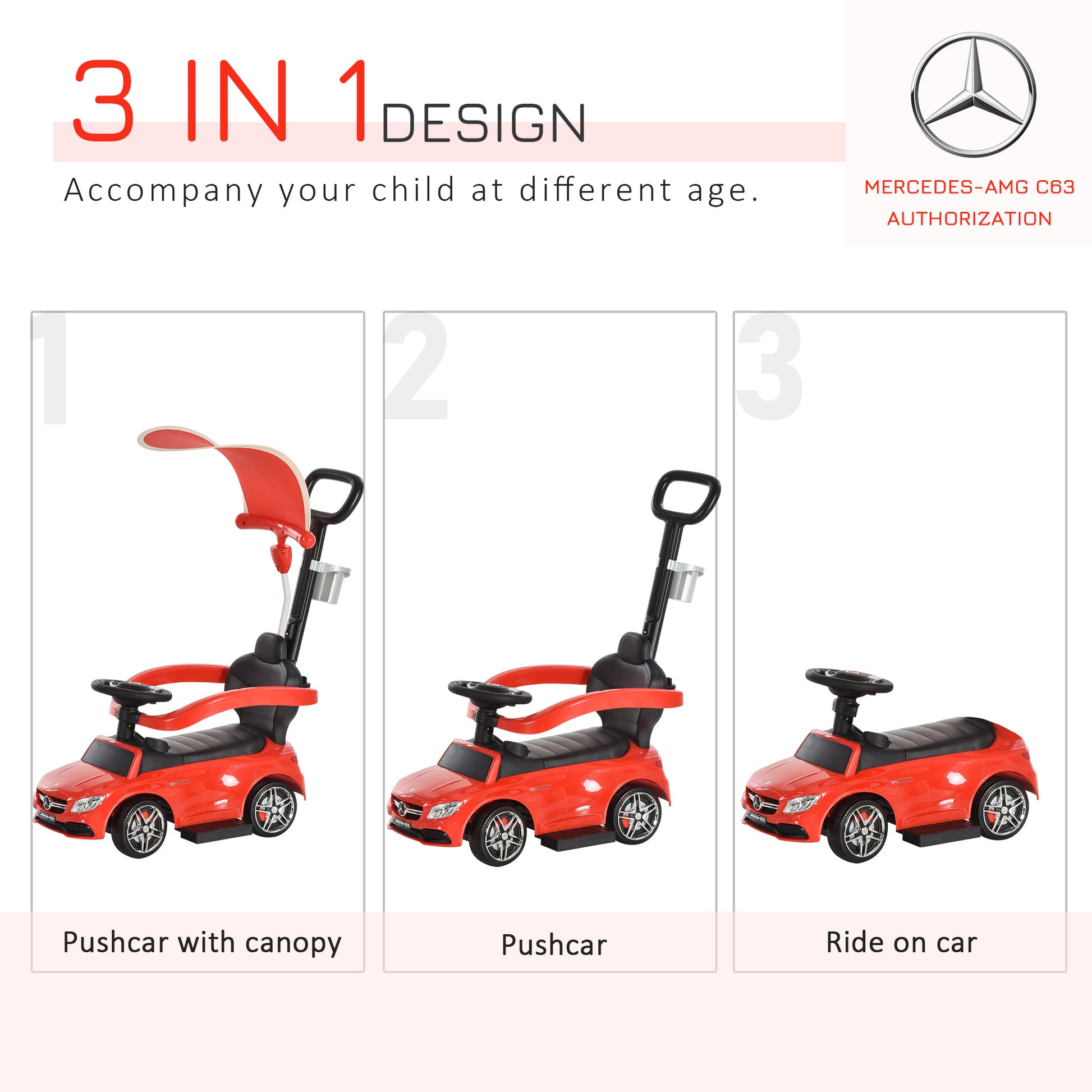 3 In 1 Ride On Push Cars For Toddlers, Stroller Sliding Walking Car With Sun Canopy, Horn, Music, Safety Bar, Cup Holder And Storage, Red Red Polypropylene