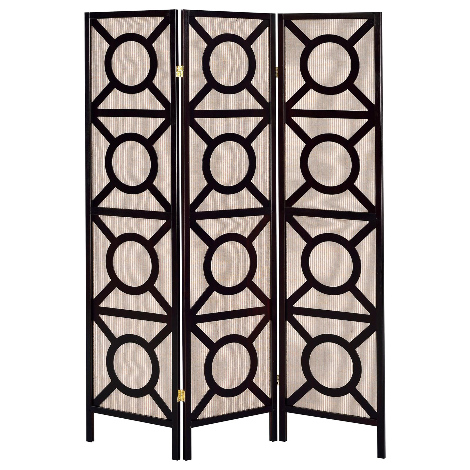 Tan And Cappuccino Circle Pattern 3 Panel Folding Screen Brown Traditional Wood