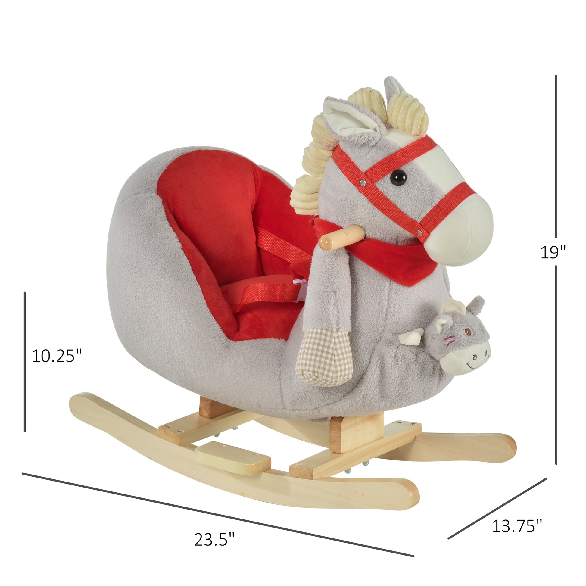 Kids Ride On Rocking Horse Toy, Rocker With Lullaby Song, Hand Puppets & Soft Plush Fabric For Children 18 36 Months, Gray Gray Wood