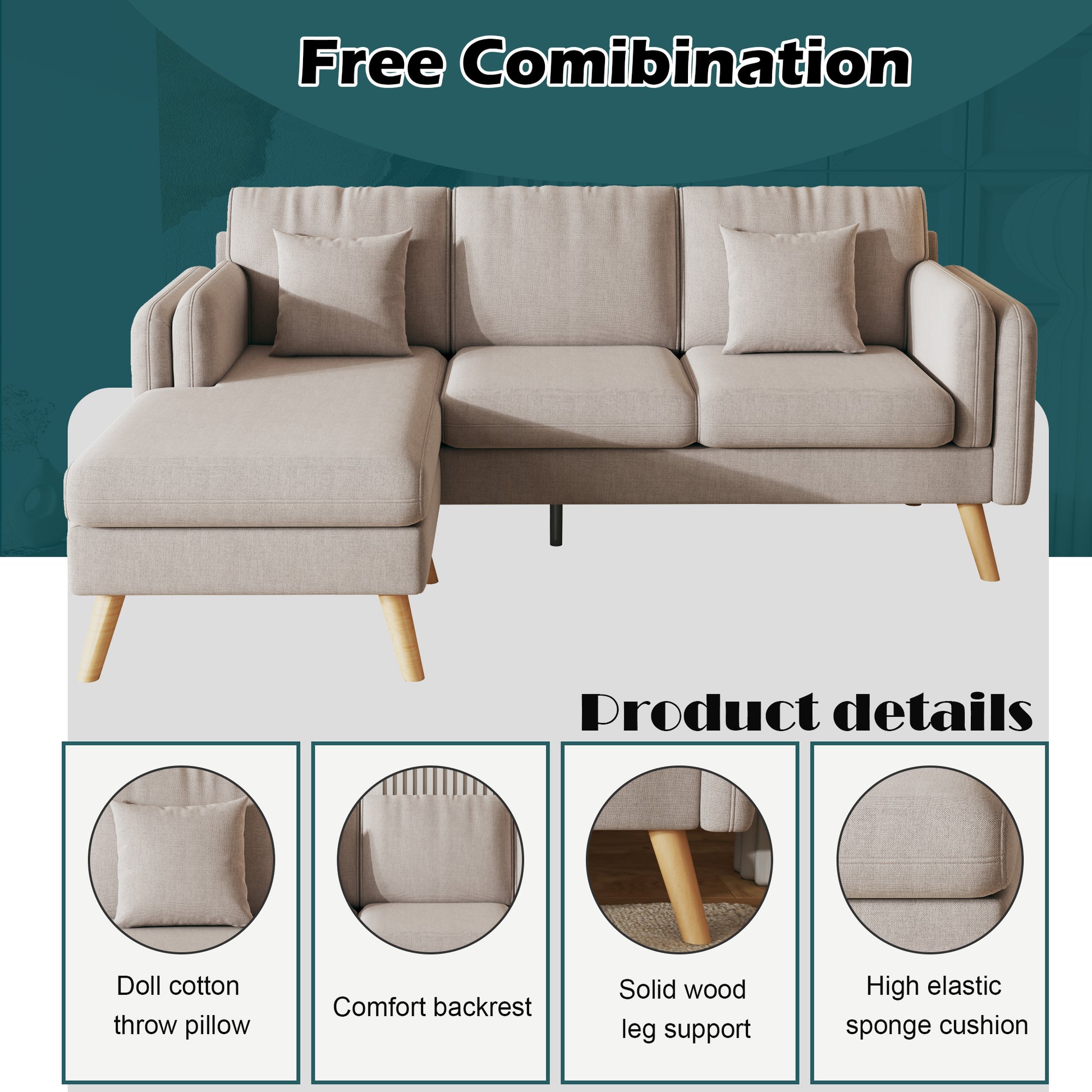 3020 L Shaped Sofa With Footrests Can Be Left And Right Interchangeable Plus Double Armrests 84.6" Light Gray Sofa Suitable For Living Room Apartment Light Grey Fabric