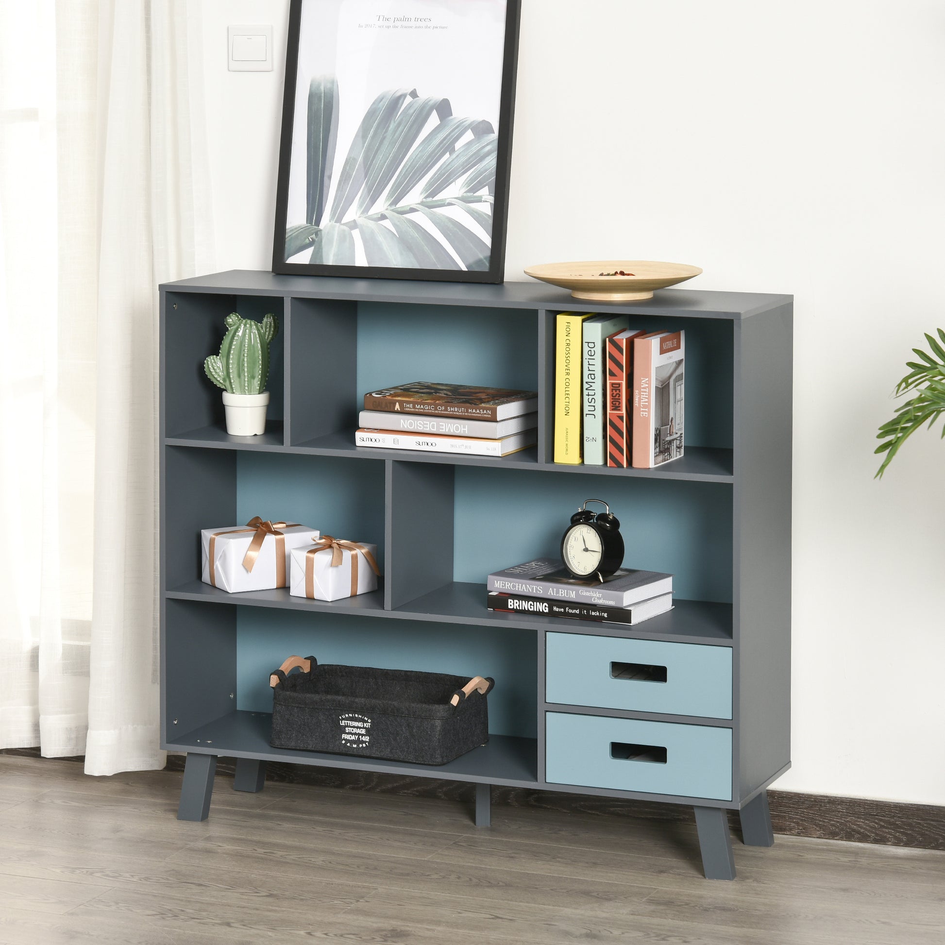 3 Tier Child Bookcase Open Shelves Cabinet Floor Standing Cube Storage Organizer With Drawers Dark Blue Blue Mdf